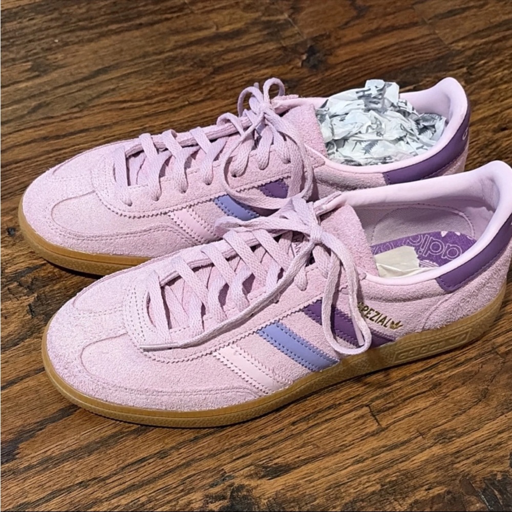 adidas Women’s Suede Handball Spezial Sneakers in Light Pink with Lilac Stripes